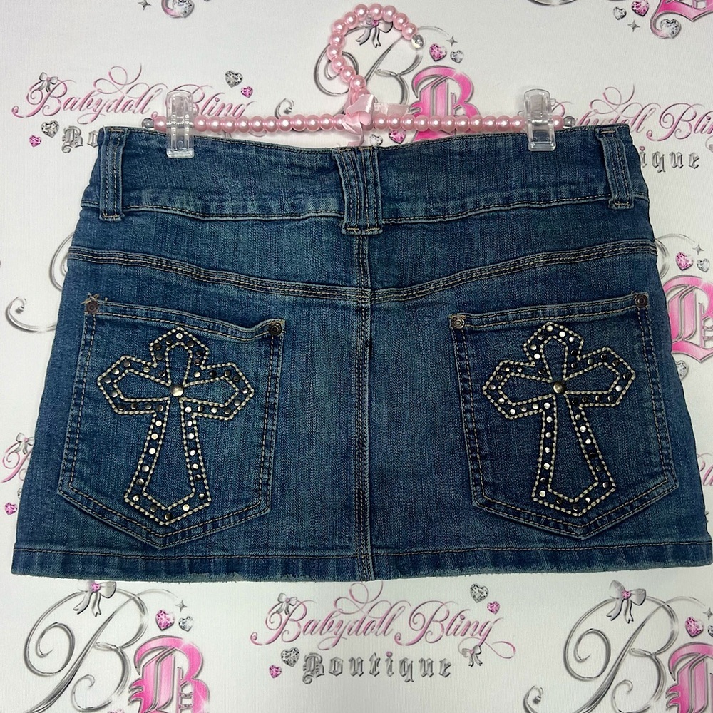 Rock&roll cowgirl skirt crosses on back bling rhinestone studded jean denim